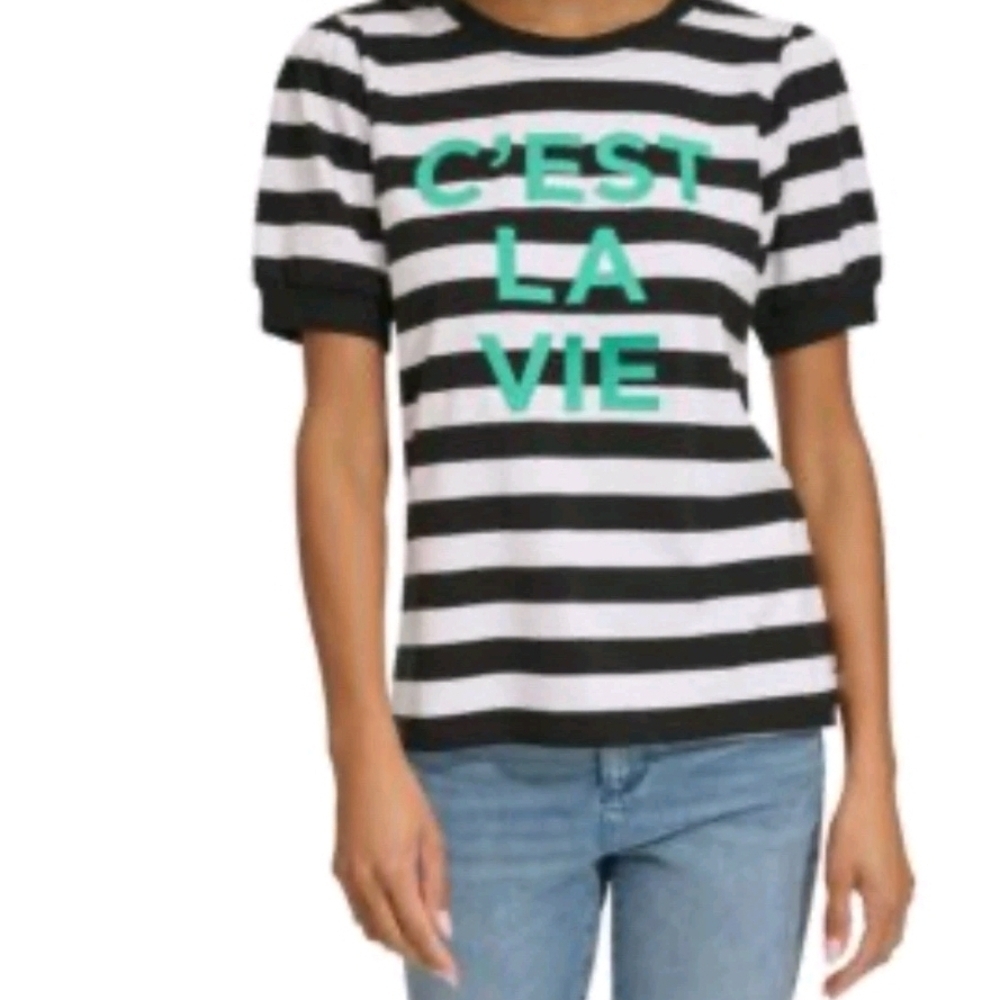 Karl Lagerfeld Shirt Women’s Small Black Striped Paris C'est La Vie Embroidered